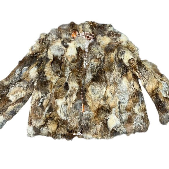 Vtg Designer Rabbit Fur Jacket Womens M Brown Cream Florence Carter Lined READ - Picture 1 of 10